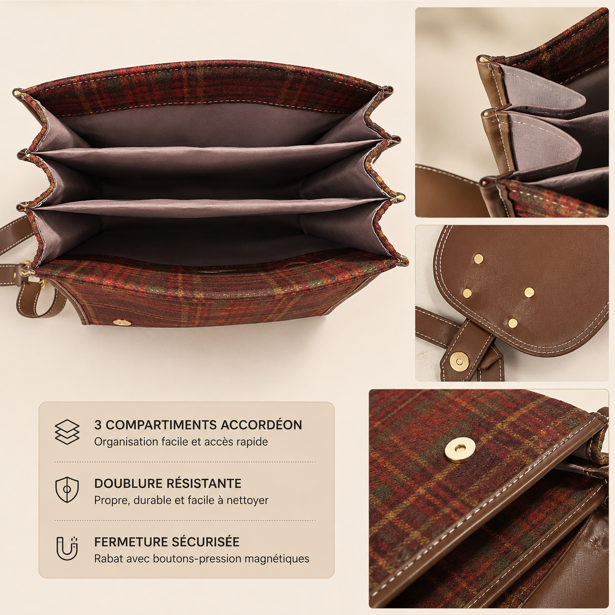 Sac à dos cartable tartan en simili cuir