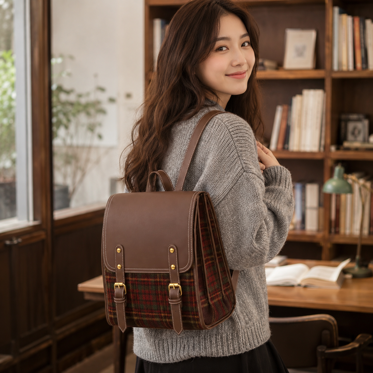 Sac à dos cartable tartan en simili cuir